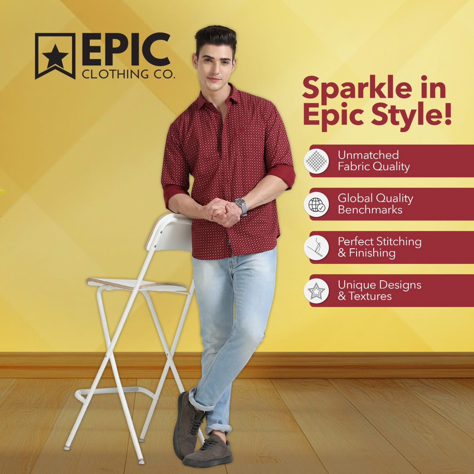 Epic Clothing model wearing a red printed shirt and light denim