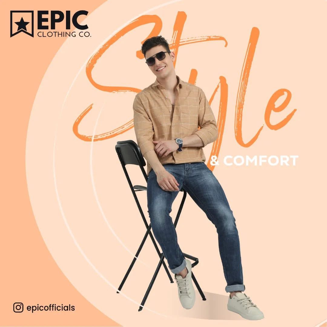 Epic Clothing model in a tan shirt and jeans