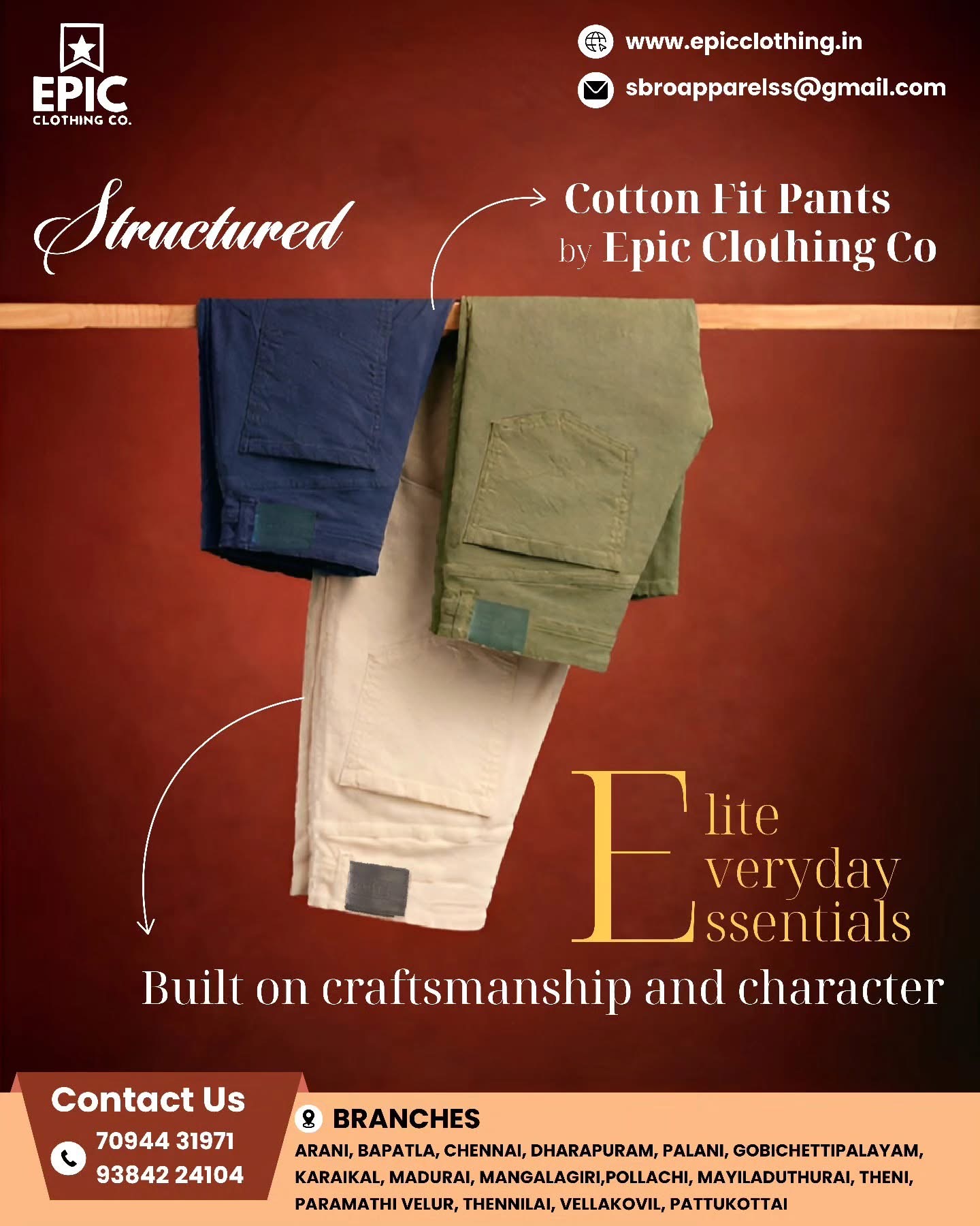 Epic Clothing cotton fit pants in multiple colours