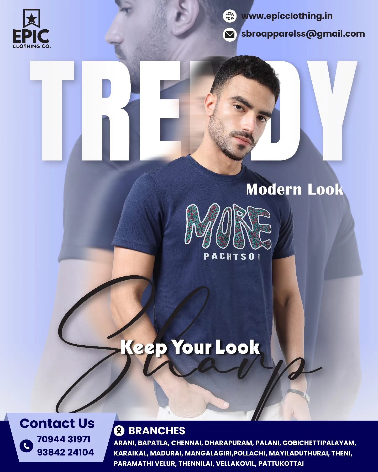 Model wearing a navy Epic Clothing T-shirt